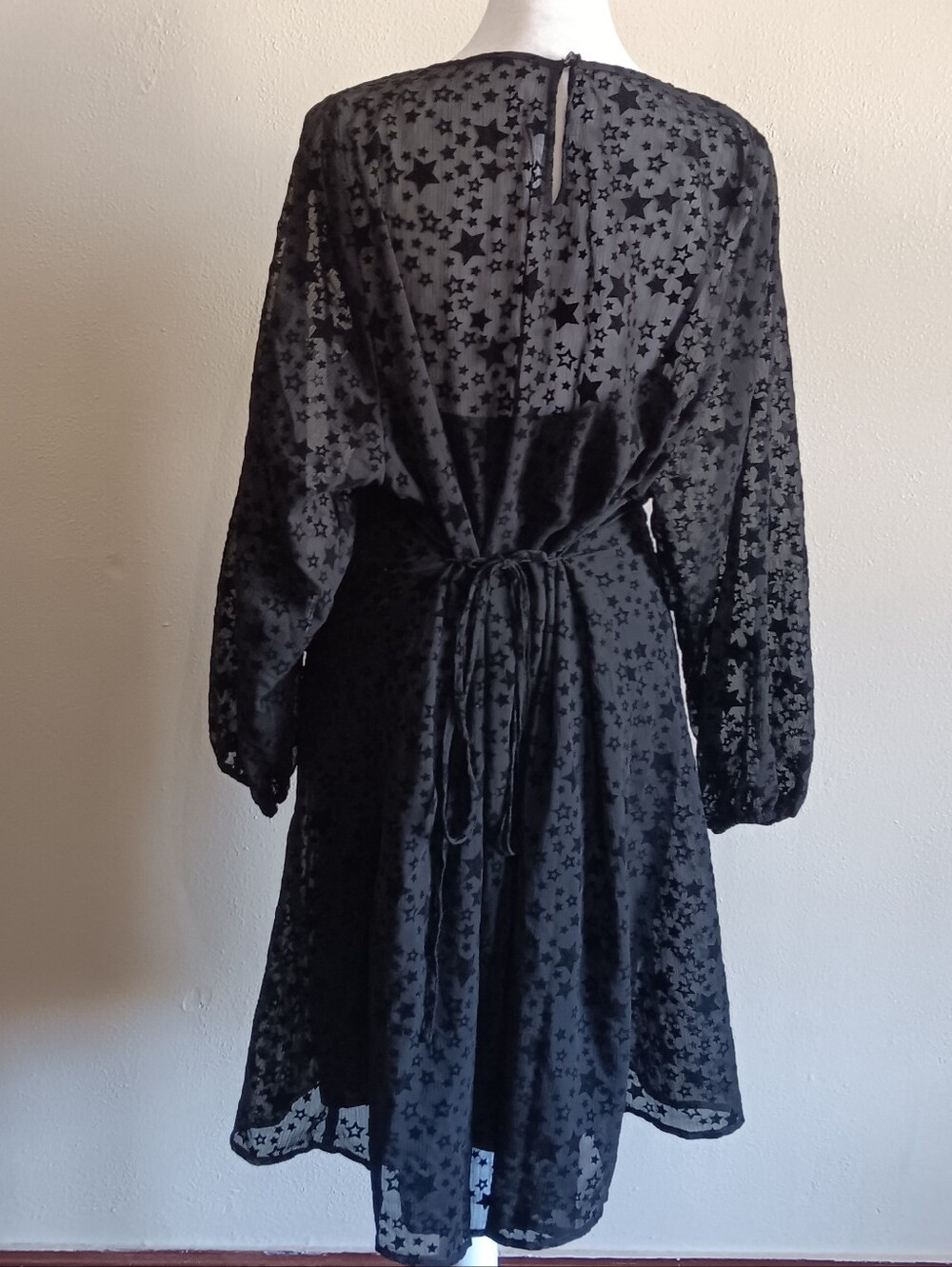 Velvet Burnout Witchy Black Star Dress Loft Medium Lined Midi Long Sleeve Goth - Picture 2 of 9